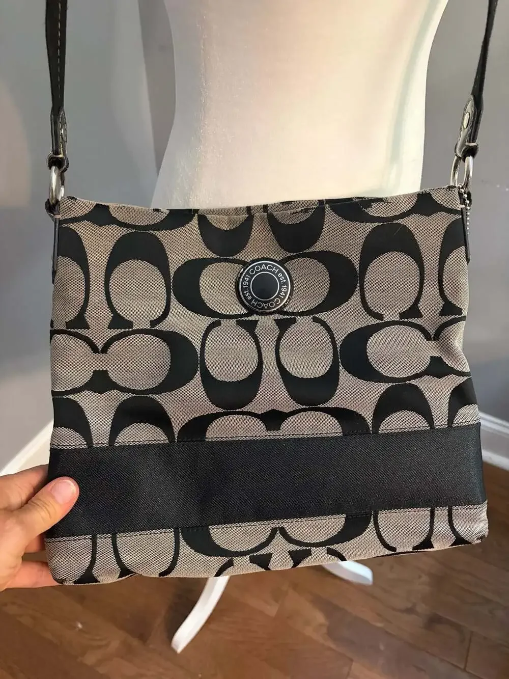 Coach Signature Stripe File Crossbody Bag F19220 Black and Grey